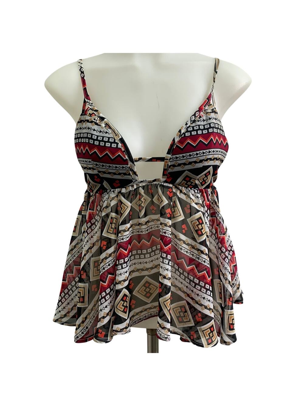 Millau Womens Small Y2K Cami V Neck Tribal Print Red Pink Black Cutout 90s Indie